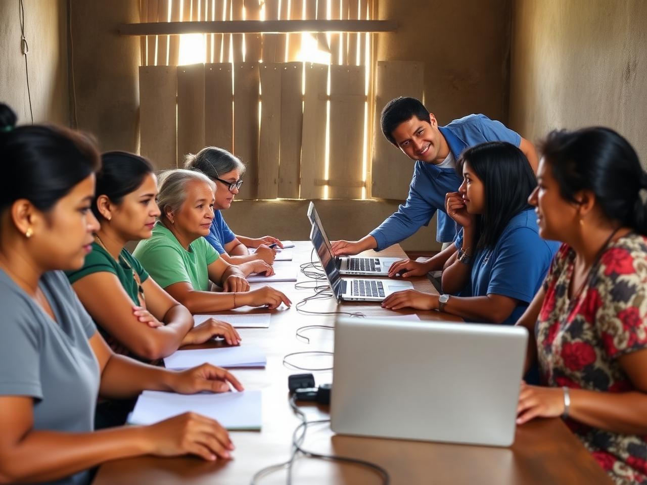 Personas recibiendo capacitación digital en una zona rural