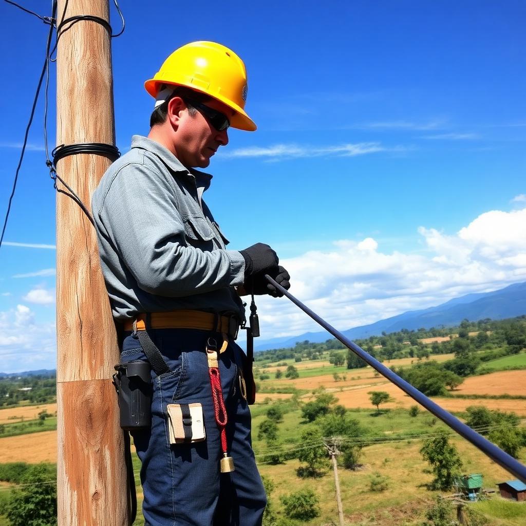 Técnico instalando fibra óptica en zona rural