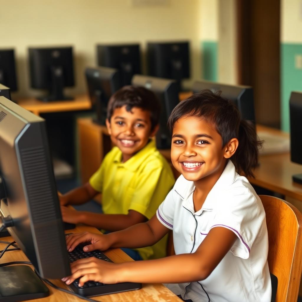 Niños usando computadores en una escuela rural